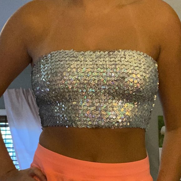 Tops - Silver Sparkly Bandeau Crop Top